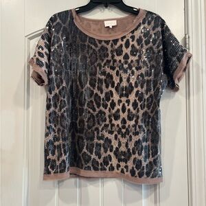 Entro Sequin Animal Print Short Sleeve Top